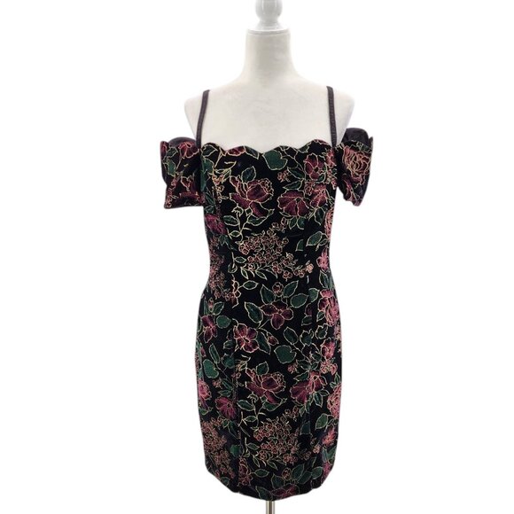 Vintage Steppin' Out Womens Small Dress Velvet Floral Off The Shoulder Cocktail - Picture 1 of 9